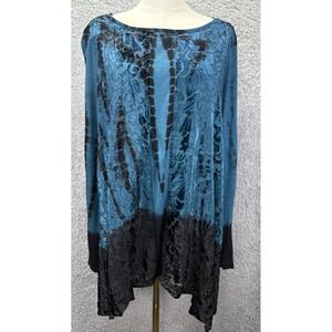 Chicos Burnout Velvet Tunic Top Large Black Blue Asymmetrical Boho Long Sleeve